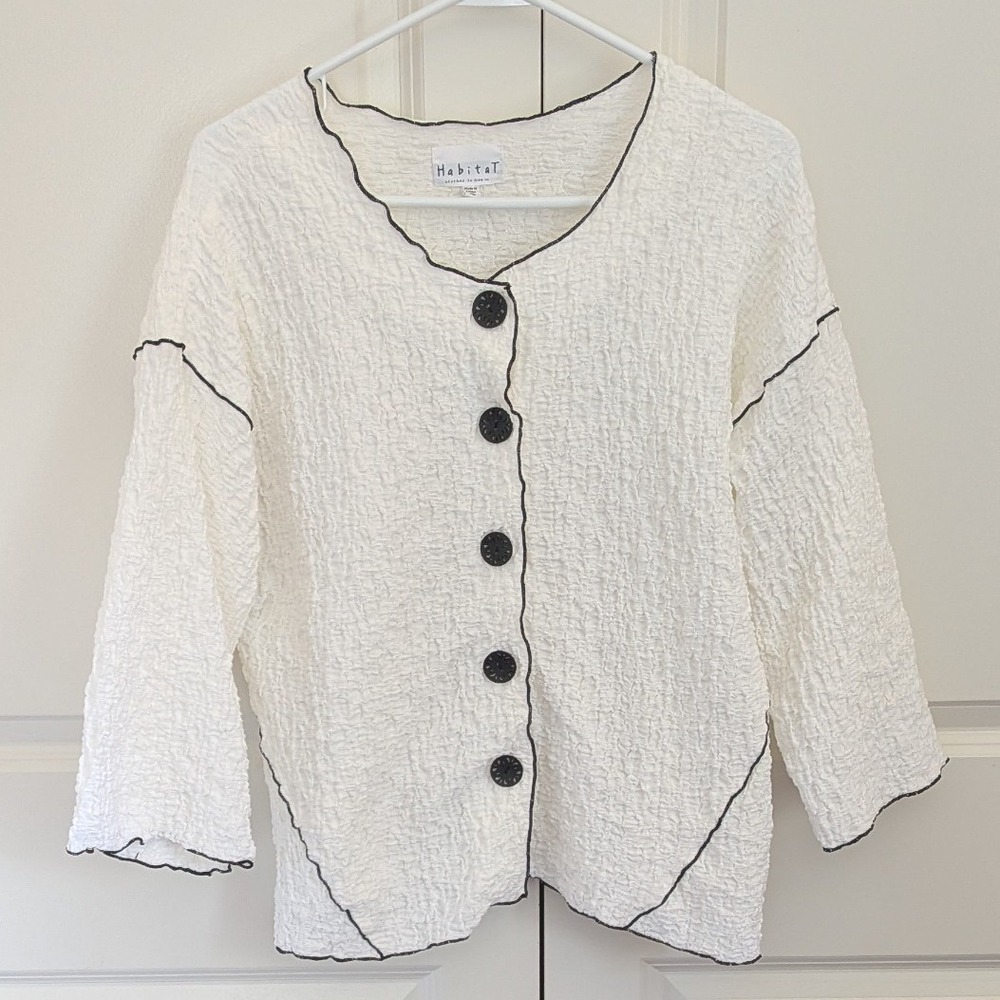 Habitat Clothes to Live In Womens Sz XL White Crinkle Cardigan Jacket Black Trim